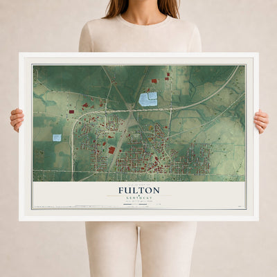 Map of Fulton, Kentucky, 24 x 36 inch print in a white wood frame