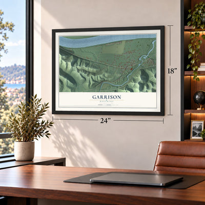 Garrison, Kentucky map, 18 x 24 inch print in a black frame in a home office