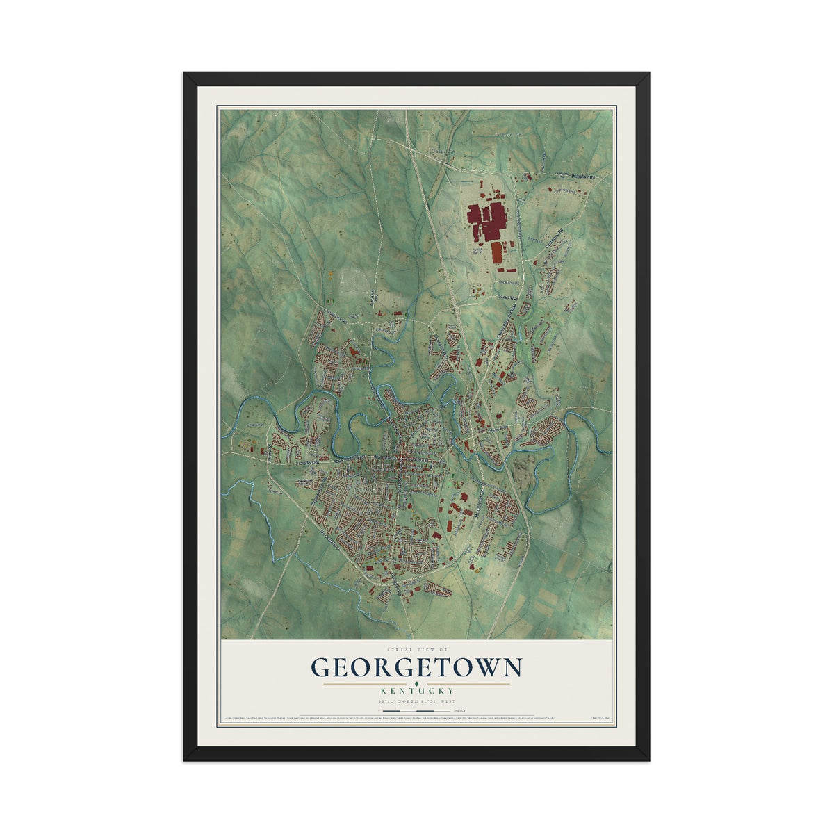 Map of Georgetown, Kentucky, 12 x 18 inch print in a black wood frame