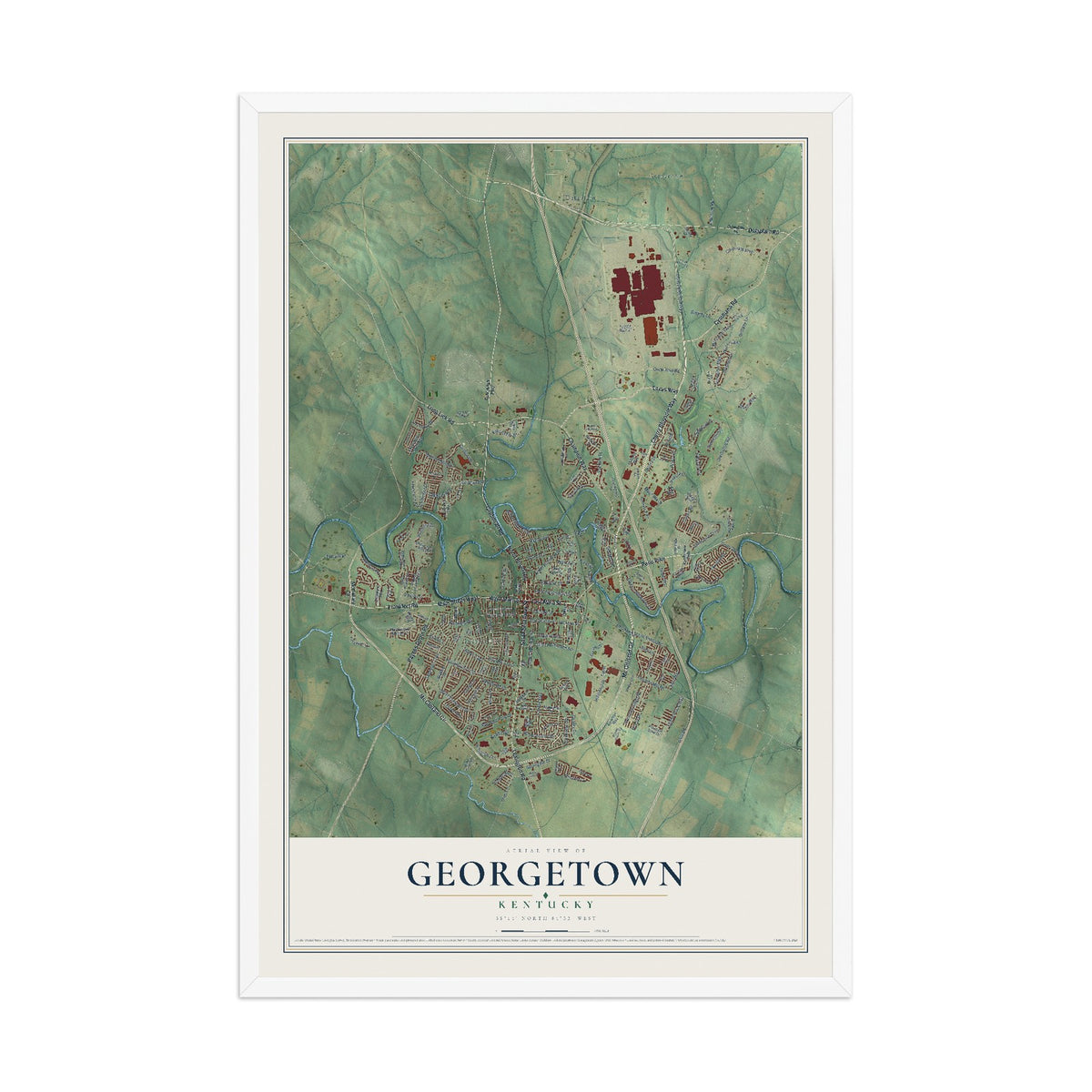 Map of Georgetown, Kentucky, 12 x 18 inch print in a white wood frame