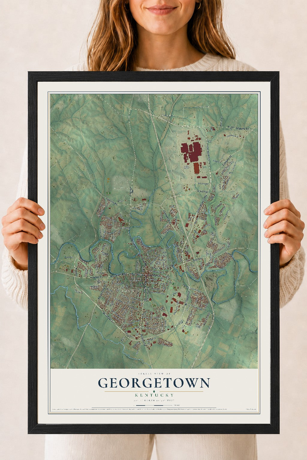 Map of Georgetown, Kentucky, 18 x 24 inch print in a black wood frame