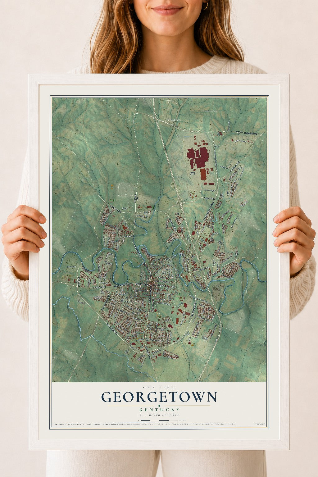 Map of Georgetown, Kentucky, 18 x 24 inch print in a white wood frame