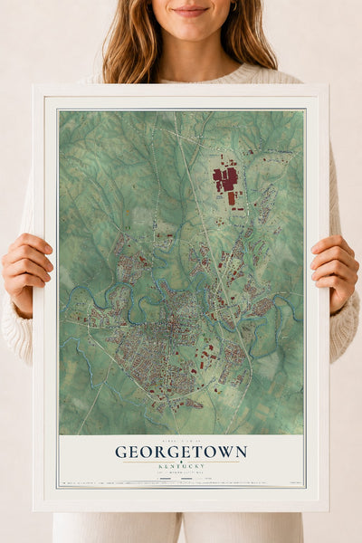 Map of Georgetown, Kentucky, 18 x 24 inch print in a white wood frame