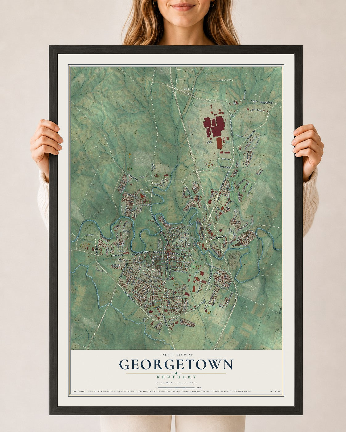 Map of Georgetown, Kentucky, 24 x 36 inch print in a black wood frame