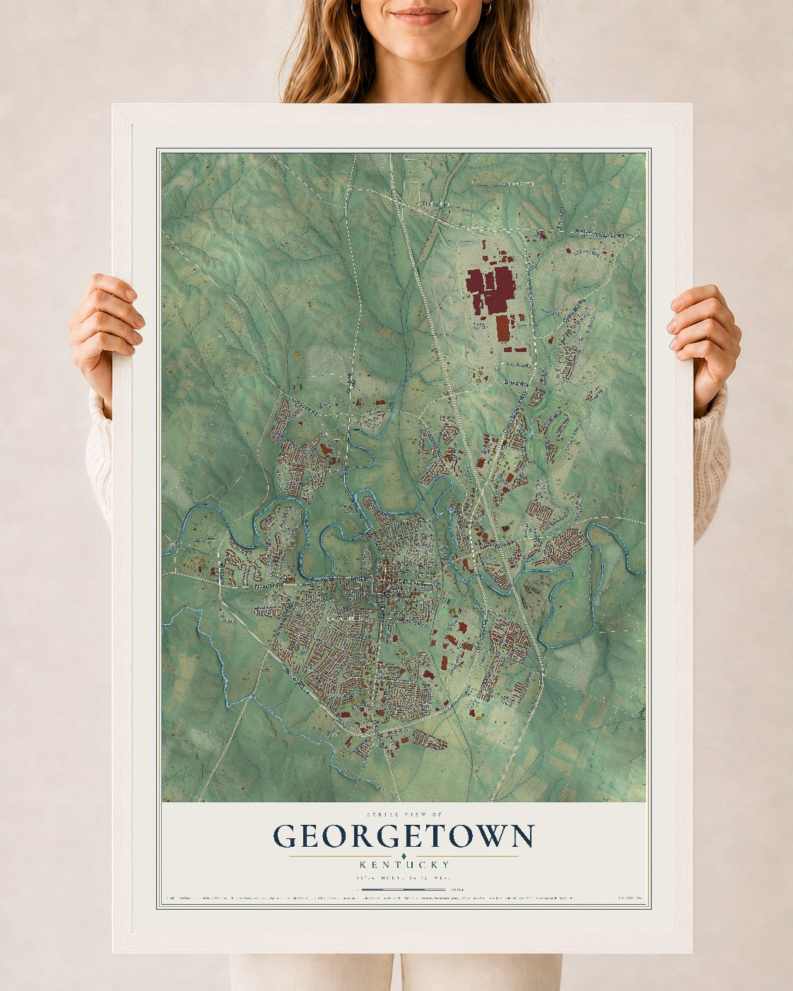 Map of Georgetown, Kentucky, 24 x 36 inch print in a white wood frame