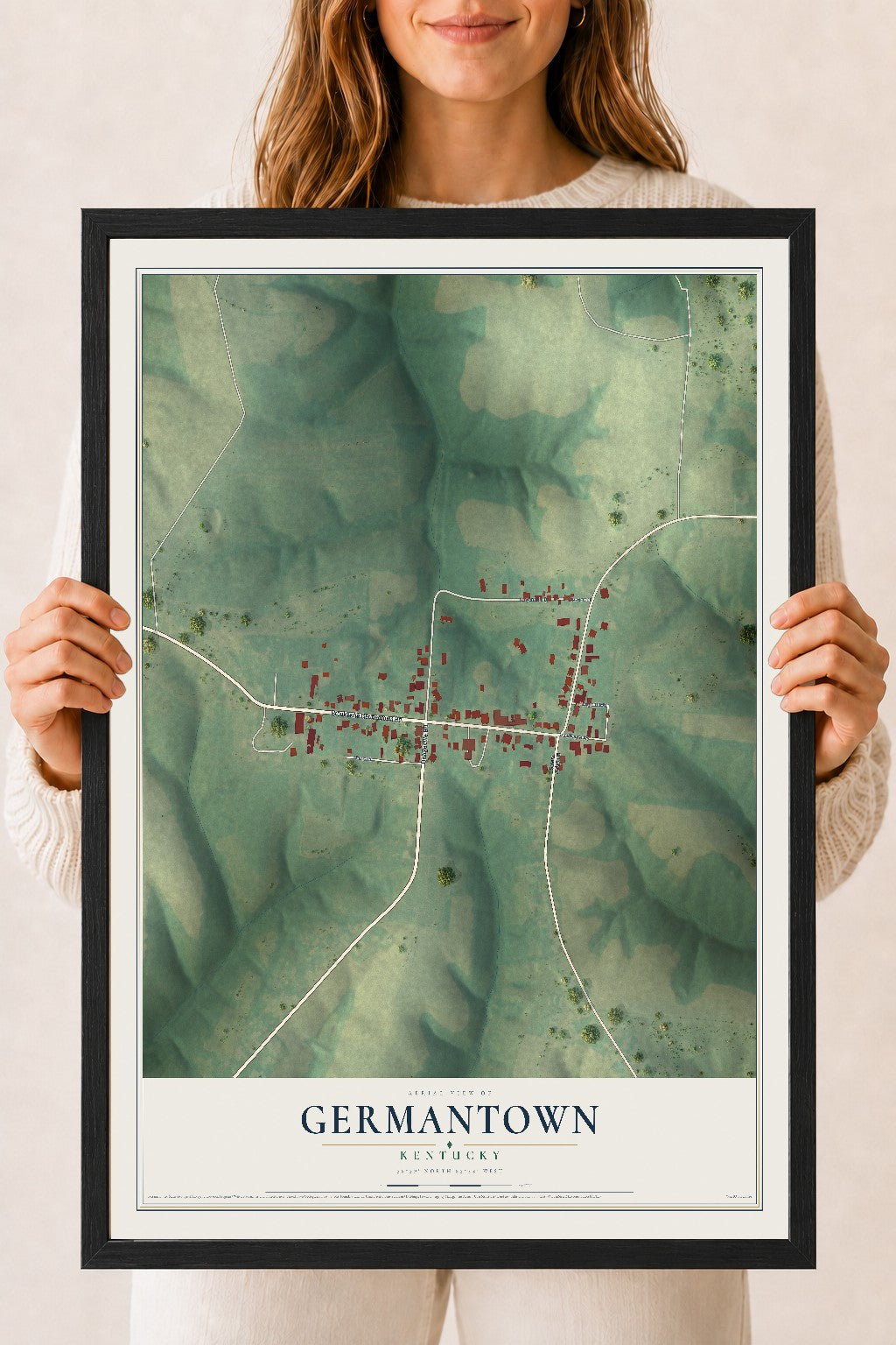 Map of Germantown, Kentucky, 18 x 24 inch print in a black wood frame