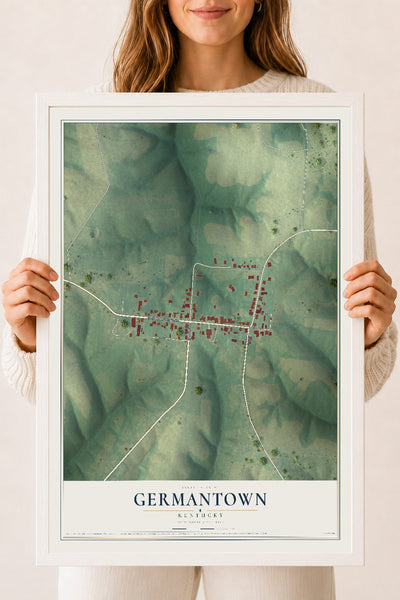 Map of Germantown, Kentucky, 18 x 24 inch print in a white wood frame
