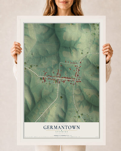Map of Germantown, Kentucky, 24 x 36 inch print in a white wood frame
