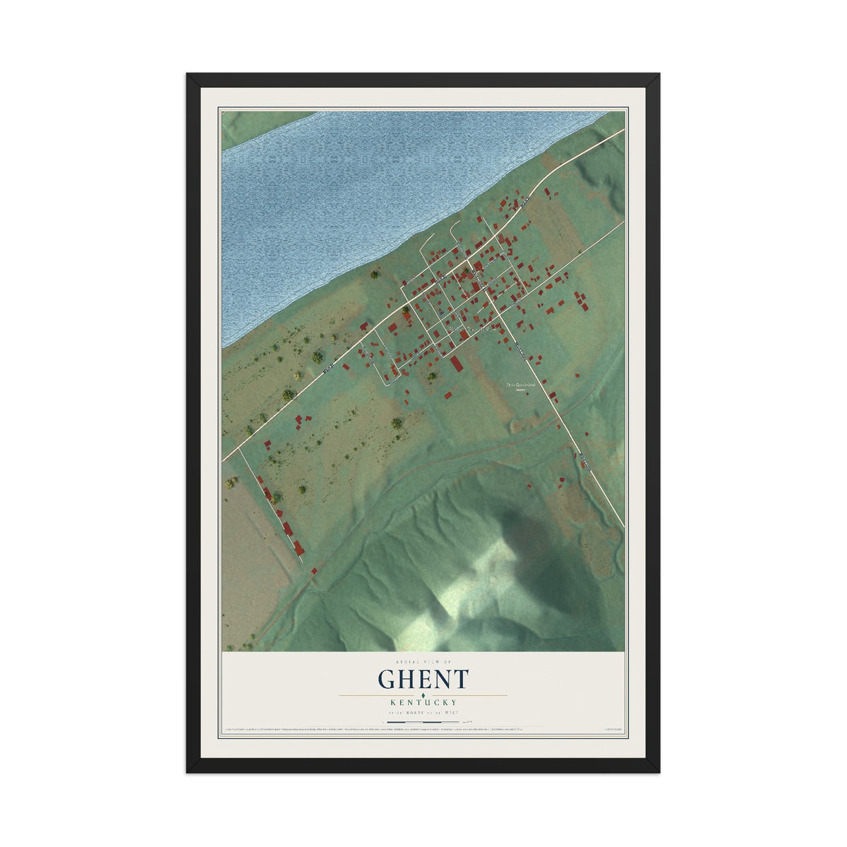 Map of Ghent, Kentucky, 12 x 18 inch print in a black wood frame