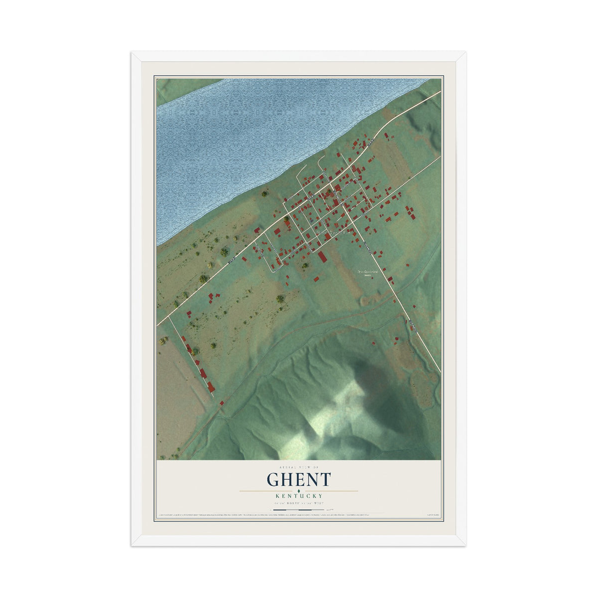 Map of Ghent, Kentucky, 12 x 18 inch print in a white wood frame