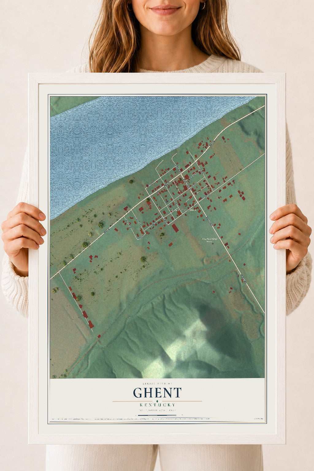 Map of Ghent, Kentucky, 18 x 24 inch print in a white wood frame