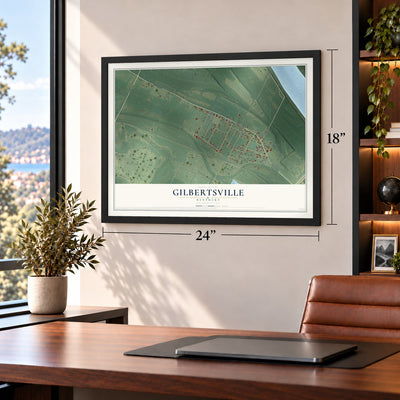 Gilbertsville, Kentucky map, 18 x 24 inch print in a black frame in a home office