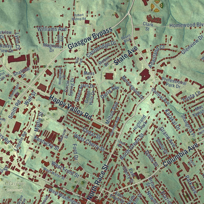 Close-up of the map of Glasgow, Kentucky print showing street and building detail