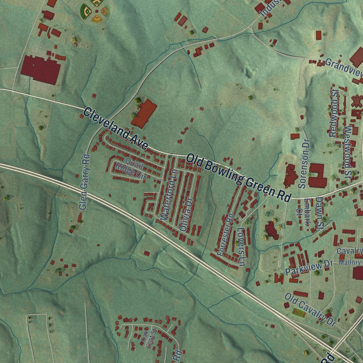 Second close-up of the map of Glasgow, Kentucky print showing more streets and buildings