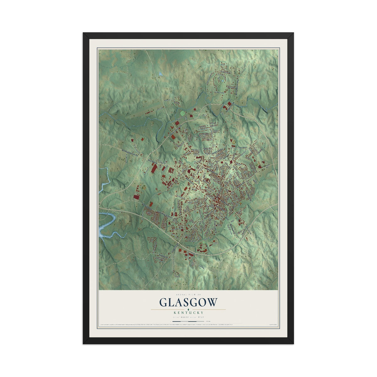 Map of Glasgow, Kentucky, 12 x 18 inch print in a black wood frame