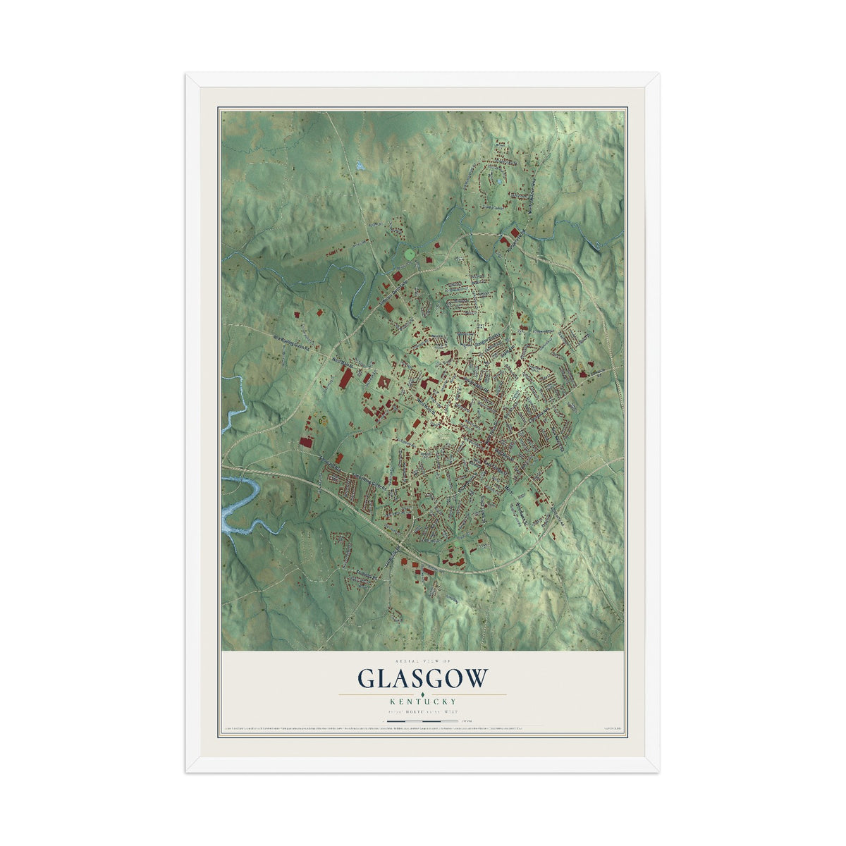 Map of Glasgow, Kentucky, 12 x 18 inch print in a white wood frame