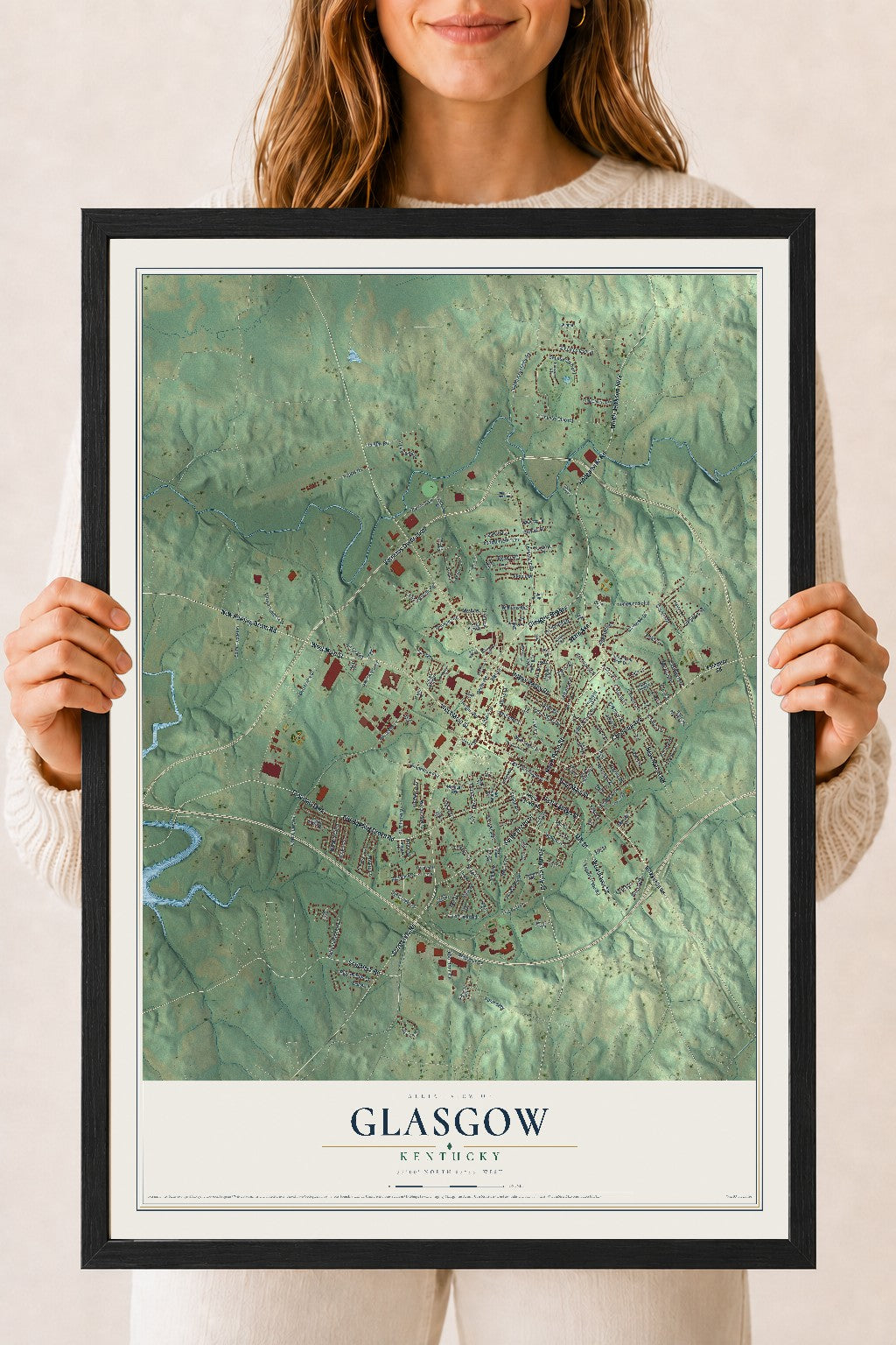 Map of Glasgow, Kentucky, 18 x 24 inch print in a black wood frame