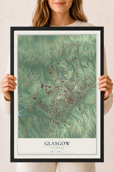 Map of Glasgow, Kentucky, 18 x 24 inch print in a black wood frame