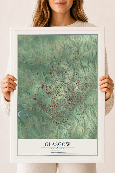 Map of Glasgow, Kentucky, 18 x 24 inch print in a white wood frame