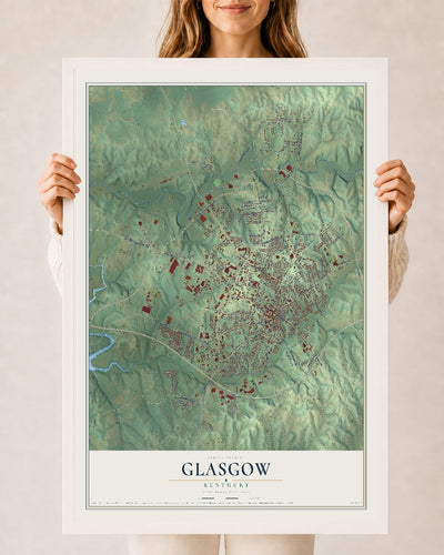Map of Glasgow, Kentucky, 24 x 36 inch print in a white wood frame