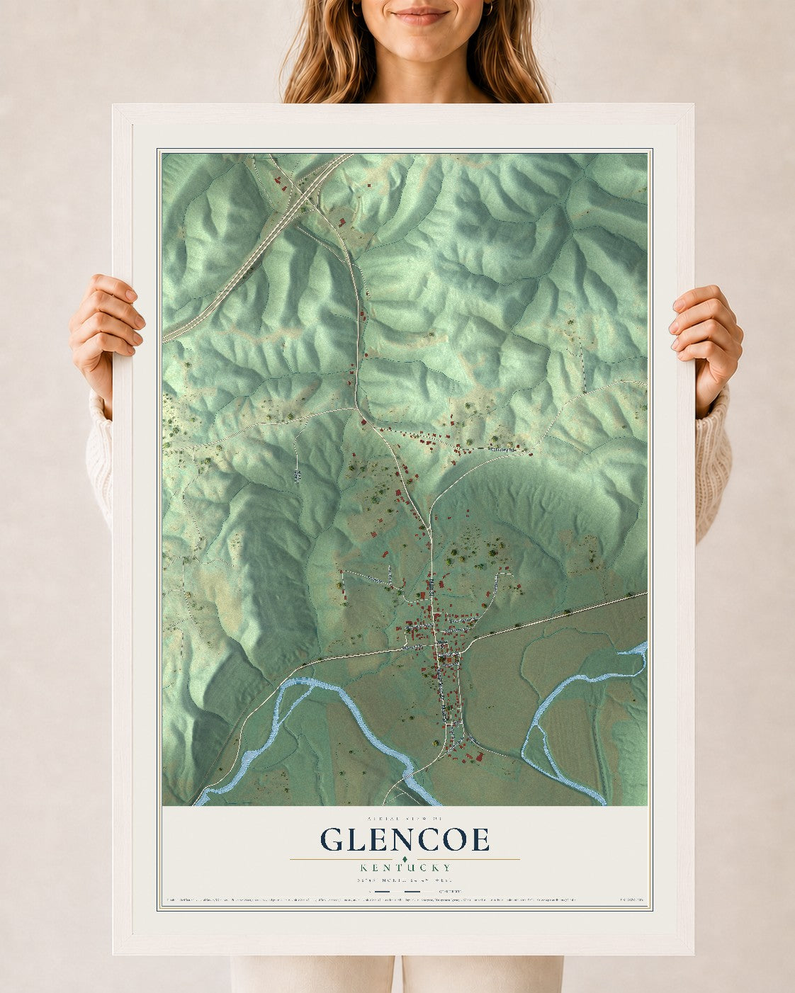 Map of Glencoe, Kentucky, 24 x 36 inch print in a white wood frame
