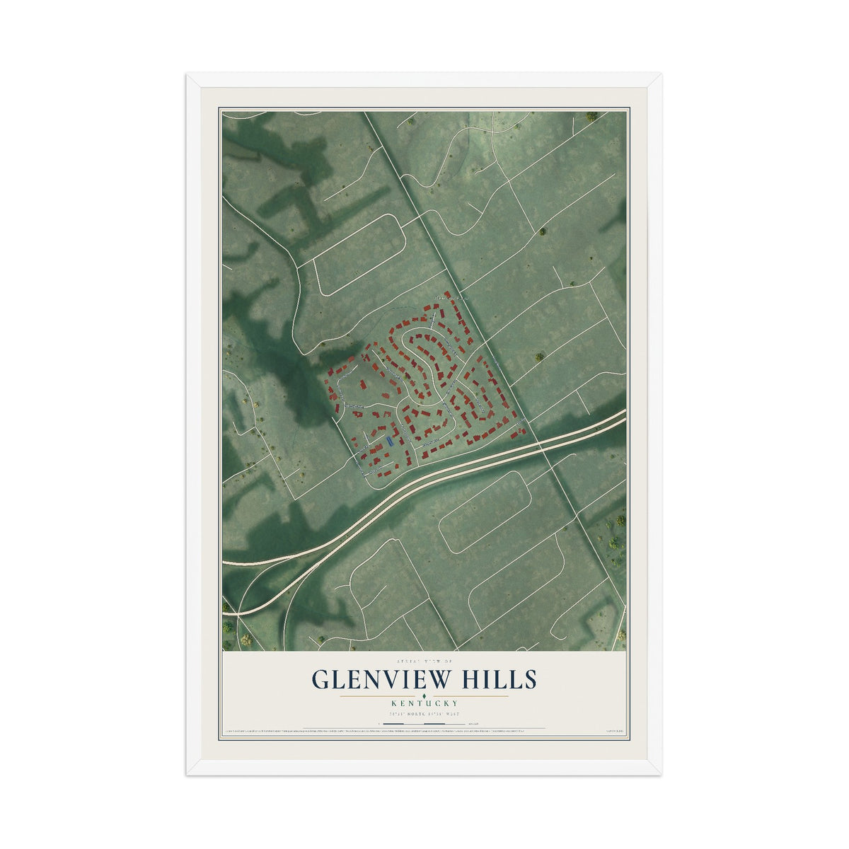 Map of Glenview Hills, Kentucky, 12 x 18 inch print in a white wood frame