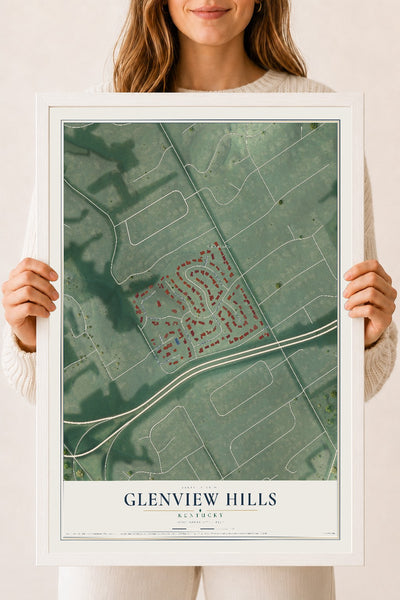 Map of Glenview Hills, Kentucky, 18 x 24 inch print in a white wood frame