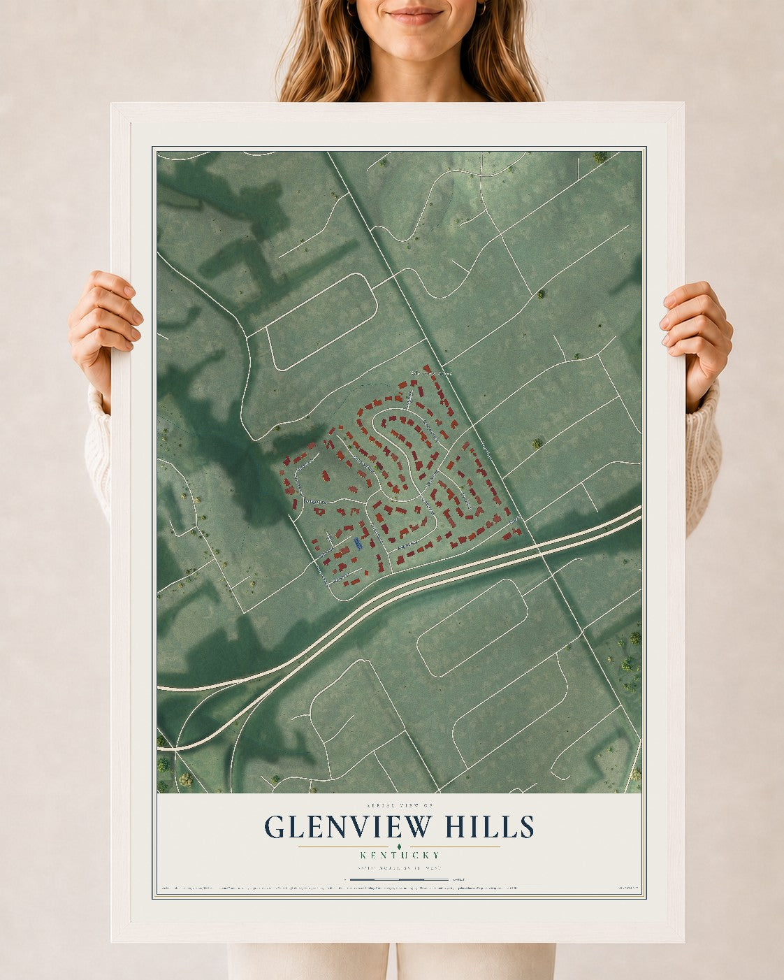Map of Glenview Hills, Kentucky, 24 x 36 inch print in a white wood frame