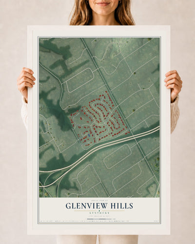 Map of Glenview Hills, Kentucky, 24 x 36 inch print in a white wood frame