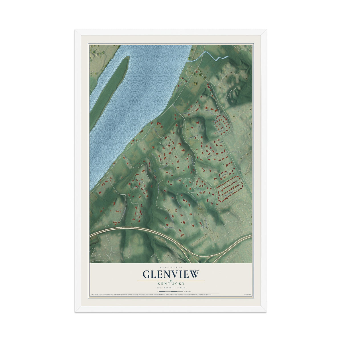 Map of Glenview, Kentucky, 12 x 18 inch print in a white wood frame