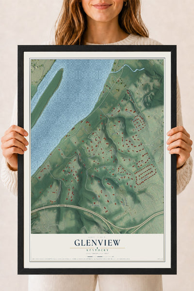 Map of Glenview, Kentucky, 18 x 24 inch print in a black wood frame
