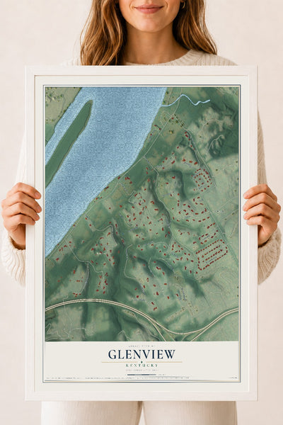 Map of Glenview, Kentucky, 18 x 24 inch print in a white wood frame