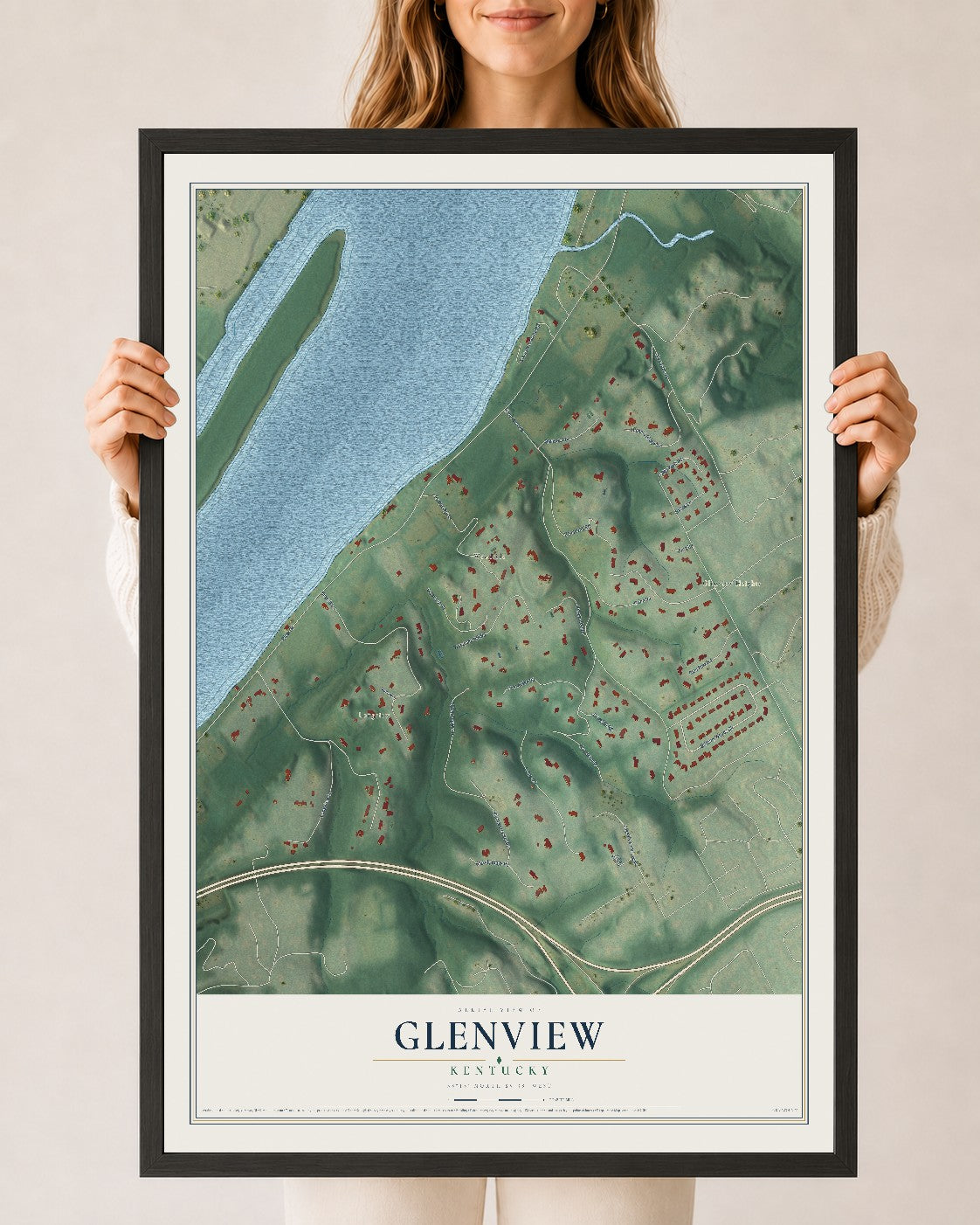 Map of Glenview, Kentucky, 24 x 36 inch print in a black wood frame