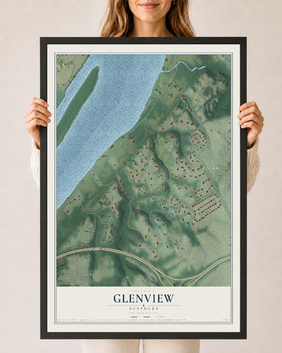 Map of Glenview, Kentucky, 24 x 36 inch print in a black wood frame