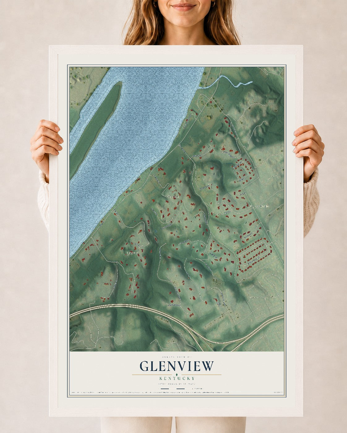 Map of Glenview, Kentucky, 24 x 36 inch print in a white wood frame