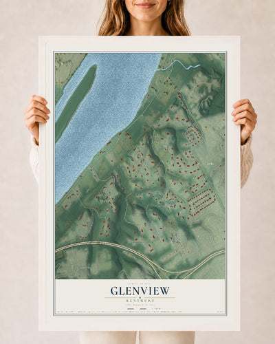Map of Glenview, Kentucky, 24 x 36 inch print in a white wood frame