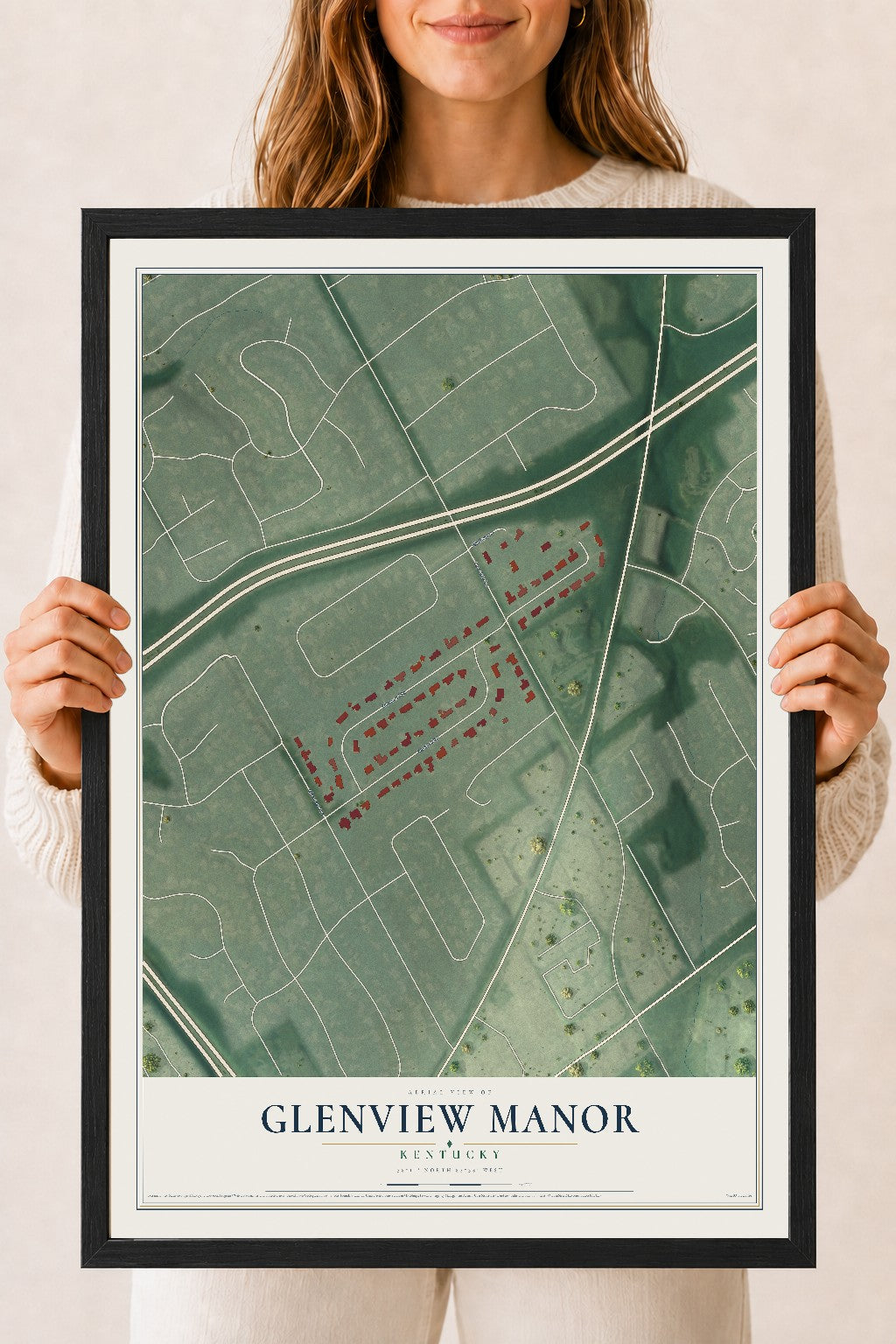 Map of Glenview Manor, Kentucky, 18 x 24 inch print in a black wood frame