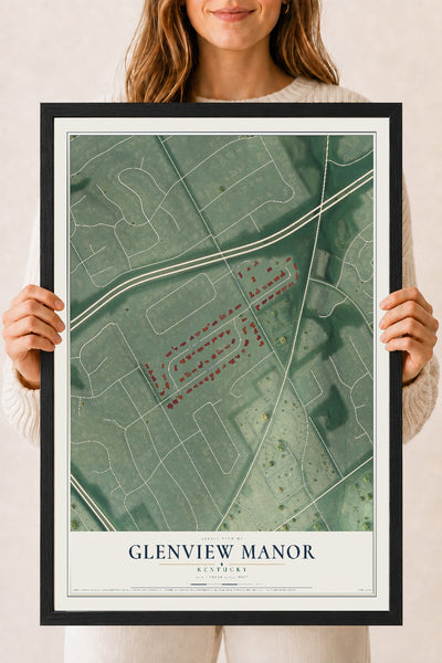 Map of Glenview Manor, Kentucky, 18 x 24 inch print in a black wood frame