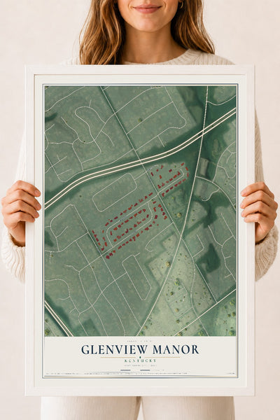 Map of Glenview Manor, Kentucky, 18 x 24 inch print in a white wood frame