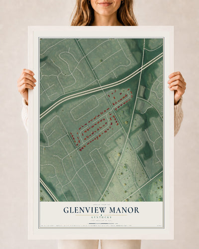 Map of Glenview Manor, Kentucky, 24 x 36 inch print in a white wood frame