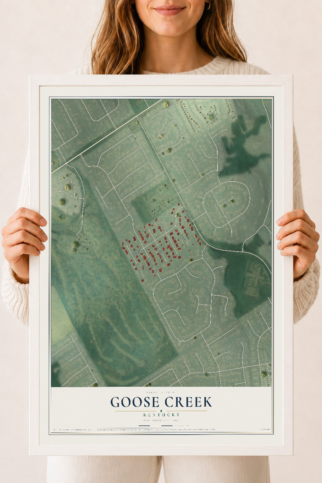 Map of Goose Creek, Kentucky, 18 x 24 inch print in a white wood frame