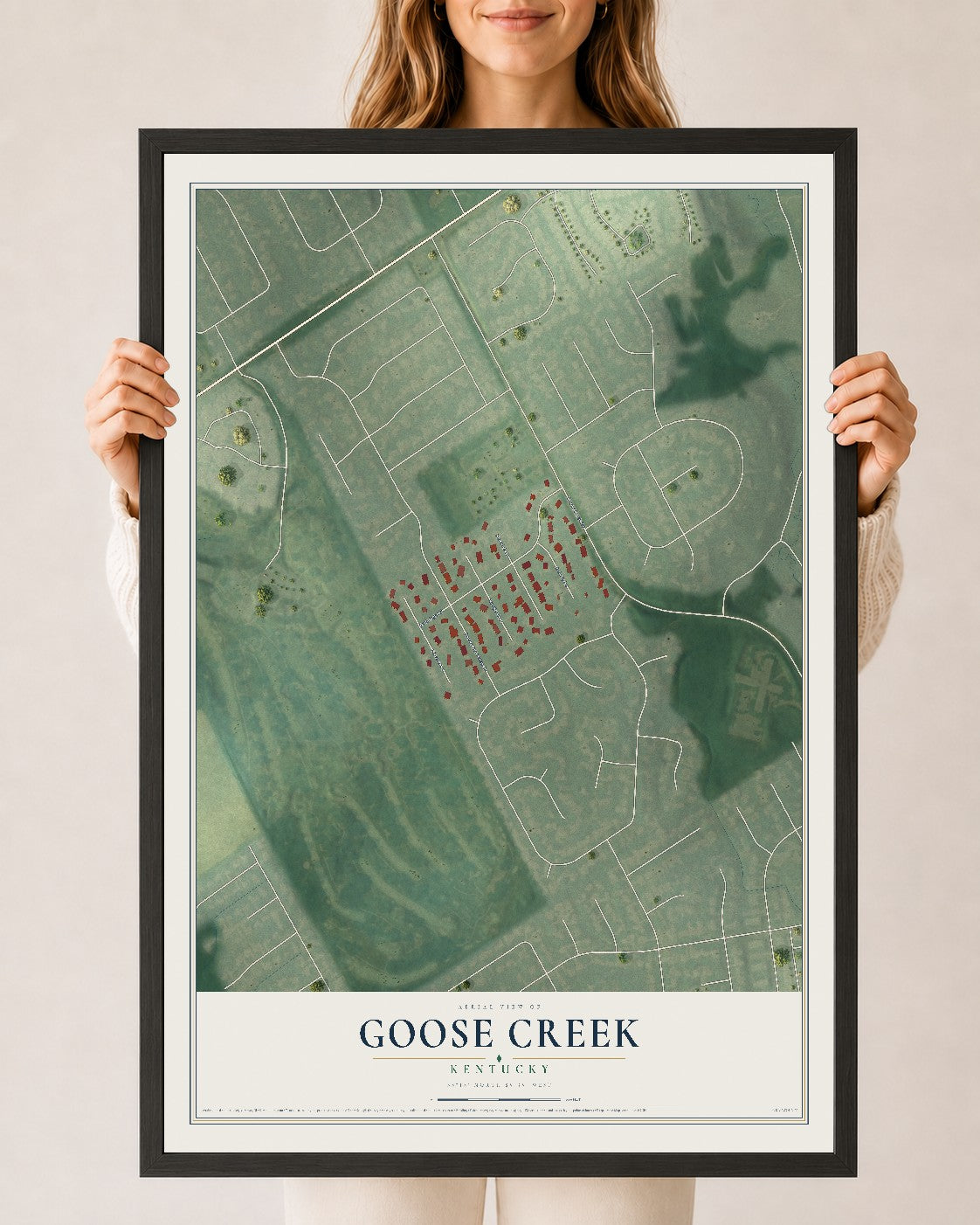 Map of Goose Creek, Kentucky, 24 x 36 inch print in a black wood frame