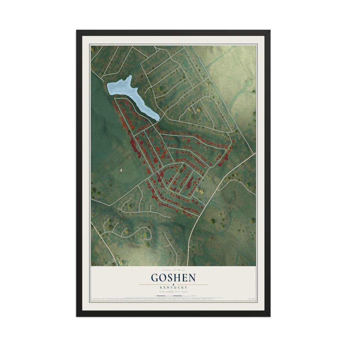 Map of Goshen, Kentucky, 12 x 18 inch print in a black wood frame