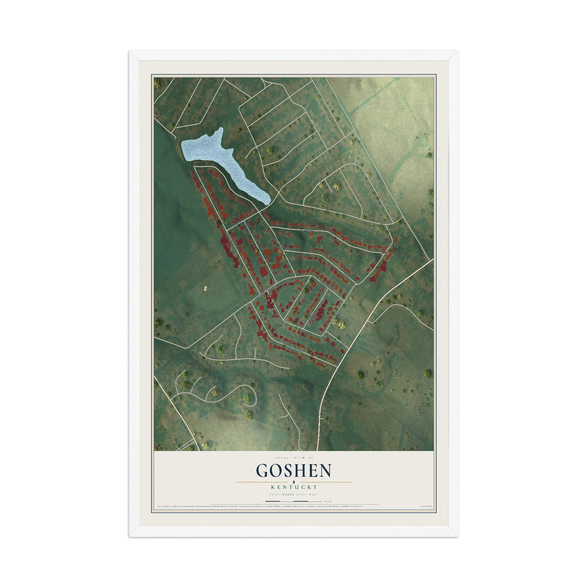 Map of Goshen, Kentucky, 12 x 18 inch print in a white wood frame