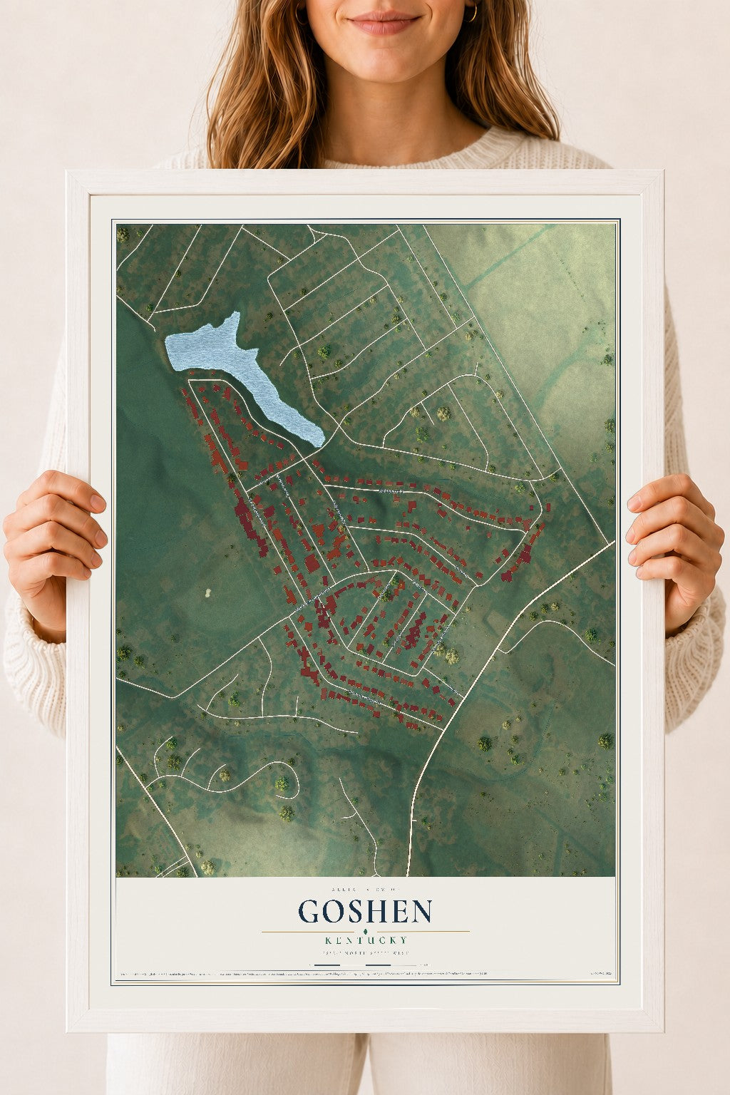 Map of Goshen, Kentucky, 18 x 24 inch print in a white wood frame