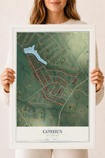 Map of Goshen, Kentucky, 18 x 24 inch print in a white wood frame
