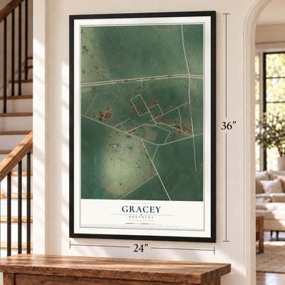 Gracey, Kentucky map, 24 x 36 inch print in a black frame by a staircase