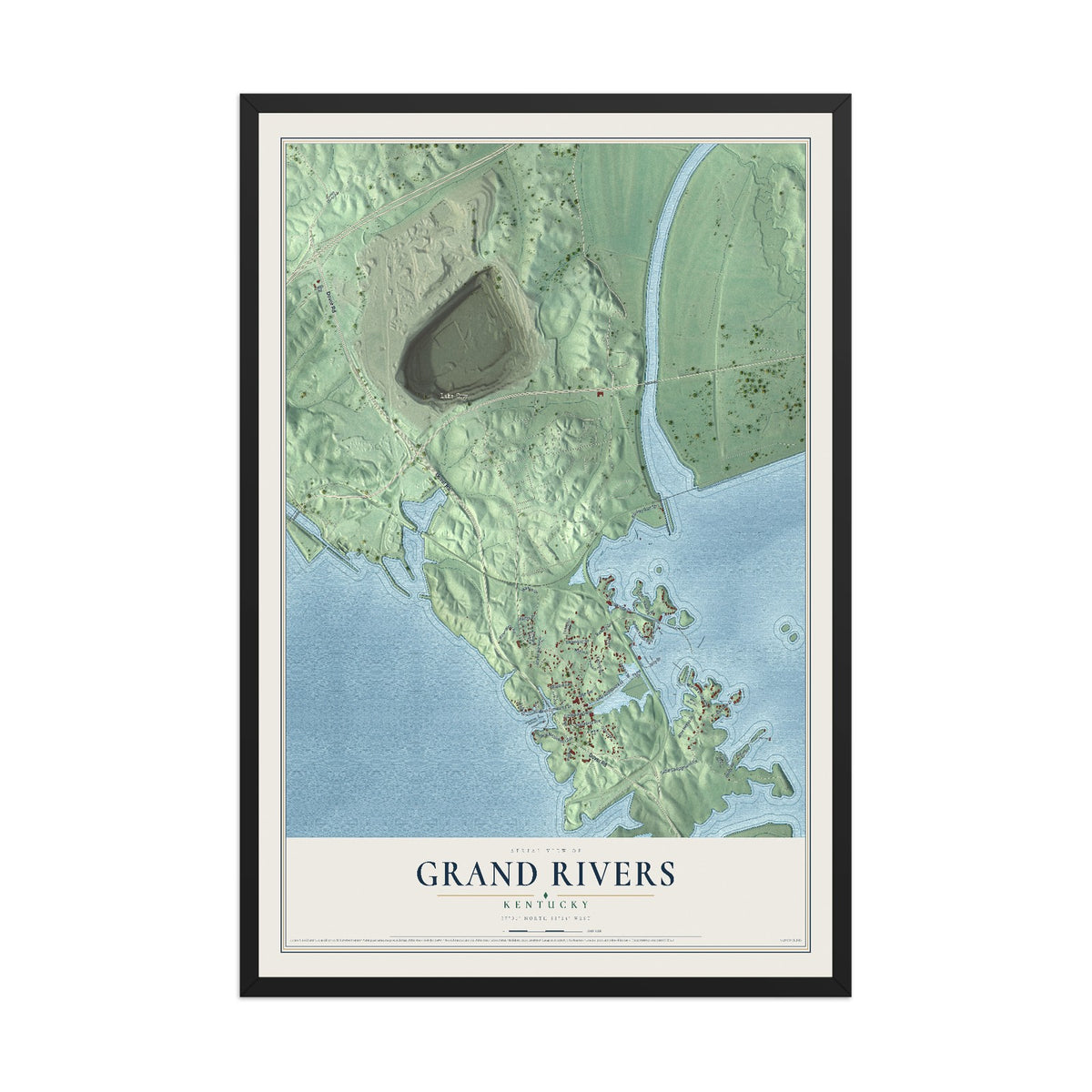 Map of Grand Rivers, Kentucky, 12 x 18 inch print in a black wood frame