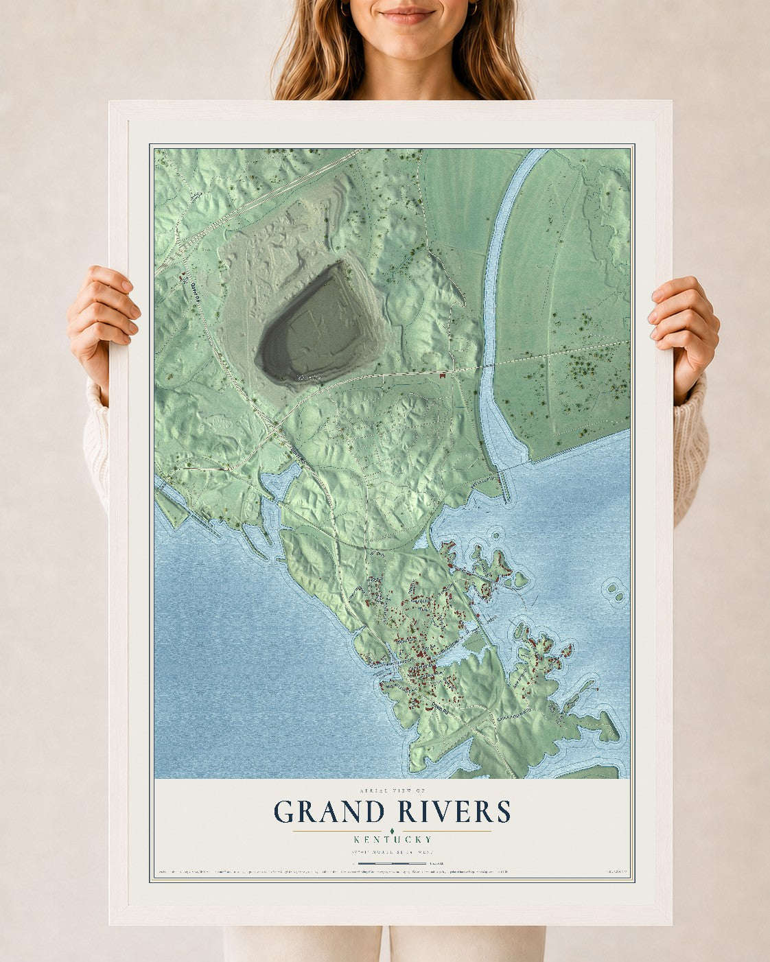 Map of Grand Rivers, Kentucky, 24 x 36 inch print in a white wood frame