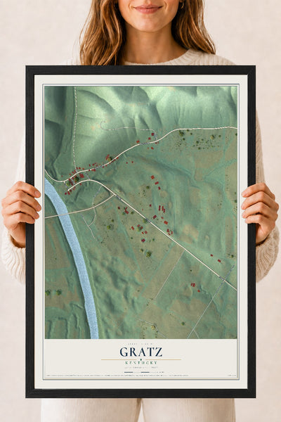 Map of Gratz, Kentucky, 18 x 24 inch print in a black wood frame
